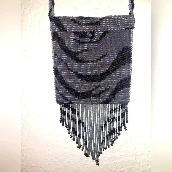 Vintage Zebra Print Full Beaded Evening Crossbody Fringe Small Bag - Picture 1 of 9